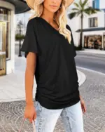 Women's Soft V-Neck Dolman T-Shirt – Loose Fit Side Ruching Flattering Top - Image 2
