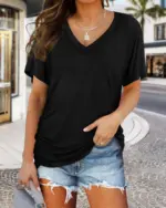 Women's Soft V-Neck Dolman T-Shirt – Loose Fit Side Ruching Flattering Top